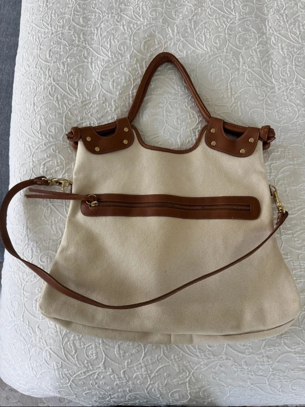 Pietro Alessandro Cream Canvas Tote with Brown Leather Trim - Picture 1 of 6